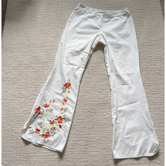 Cache Pants - Cache White Floral Embroidered Flare Leg Pants 8 Boho Wide Leg Slit Zip Hem READ